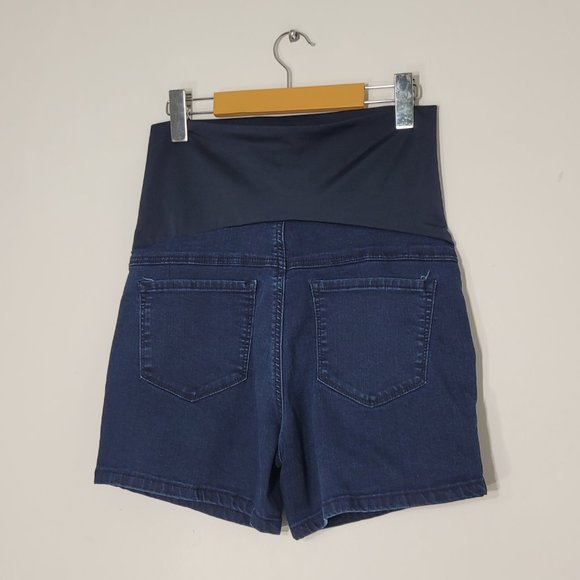 Thyme Maternity Full Panel Slim Denim Blue Shorts Dark Wash Pregnancy Motherhood - Picture 5 of 12